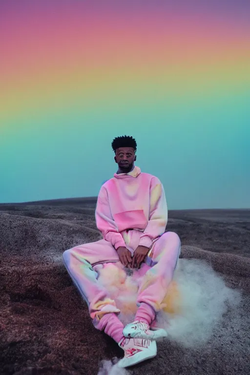 Prompt: high quality pastel coloured film close up wide angle photograph of 2 1 savage wearing clothing resting on cloud furniture in a icelandic black rock!! environment in a partially haze filled dreamstate world. three point light, rainbow. photographic production. art directed. pastel colours. volumetric clouds. pastel gradient overlay. waves glitch artefacts. extreme facial clarity. 8 k. filmic.