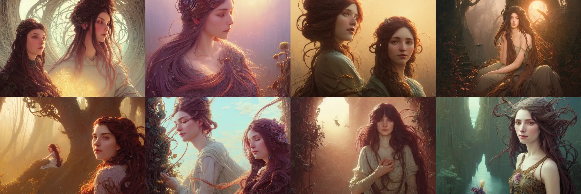 Image similar to highly detailed portrait of a woman with long hairs, stephen bliss, unreal engine, fantasy art by greg rutkowski, art nouveau, loish, rhads, ferdinand knab, makoto shinkai and lois van baarle, ilya kuvshinov, rossdraws, tom bagshaw, alphonse mucha, global illumination, radiant light, detailed and intricate environment