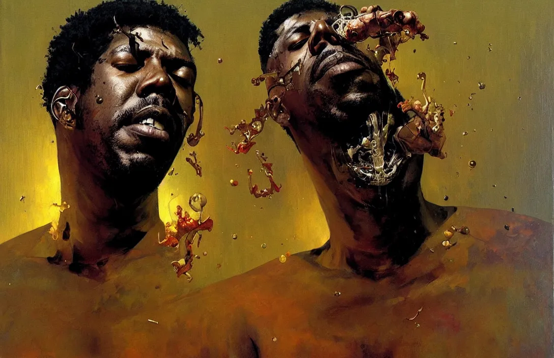 Image similar to portrait of flying lotus!!!!!!!!!!!!!!!!!!!!!!!!!!!, detailed face, detailed painting,, epic lighting, by ilya repin, phil hale and kent williams