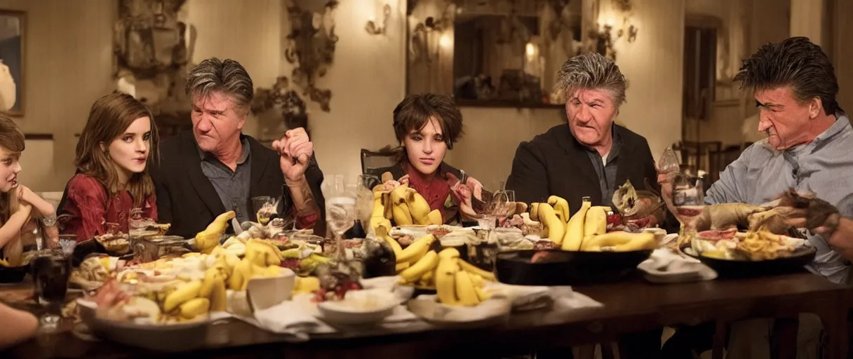 Image similar to photo of family dinner emma watson, david lynch, sylvester stallone, eating bananas, realistic, detailed, emma watson, artsation 4 k