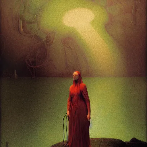 Image similar to portrait, standing in a green lake, woman wrapped around by tubes and cables, nun, glowing red, by edgar maxence and ross tran, zdzisław beksinski, and michael whelan, distant, gustav dore, h. r. giger, 8 k, octane render