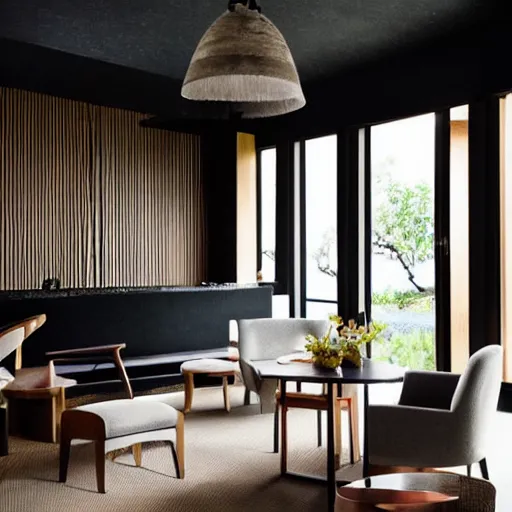 Image similar to lounge and dining room, stone, interior design, stylish luxury hotel living room design, yakisugi, black vertical slatted timber, textures, feminine, black walls, art, Japanese pottery vase with flowers, kakejiku, seasonal, Japanese influences