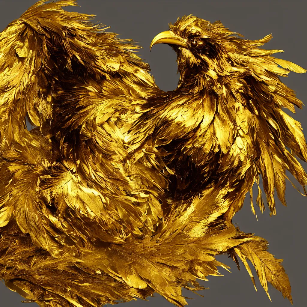 Image similar to golden Raven with feathers made of gold leaf, losing feathers, white background, octane render, dramatic action shot