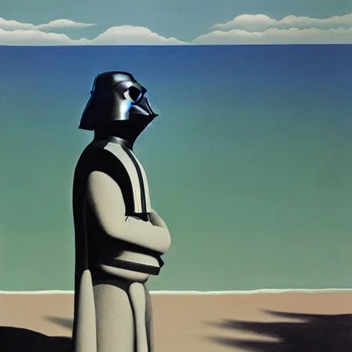 Image similar to portrait of darth vader at the beach, painting by rene magritte, high detail, high resolution