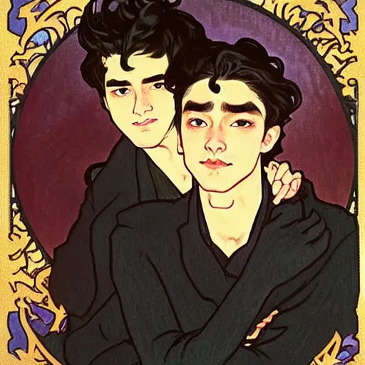 Image similar to painting of young cute handsome beautiful dark medium wavy hair man in his 2 0 s named shadow taehyung and cute handsome beautiful min - jun together at the halloween! party, bubbling cauldron!, candles!, smoke, autumn! colors, elegant, wearing suits!, delicate facial features, art by alphonse mucha, vincent van gogh, egon schiele