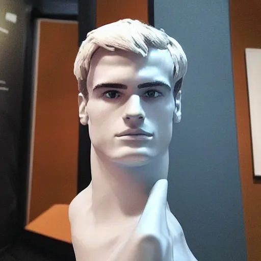 Image similar to “ a realistic detailed photo of a guy who is an attractive humanoid who is half robot and half humanoid, who is a male android, soccer player antoine griezmann, shiny skin, posing like a statue, blank stare, at the museum, on display ”