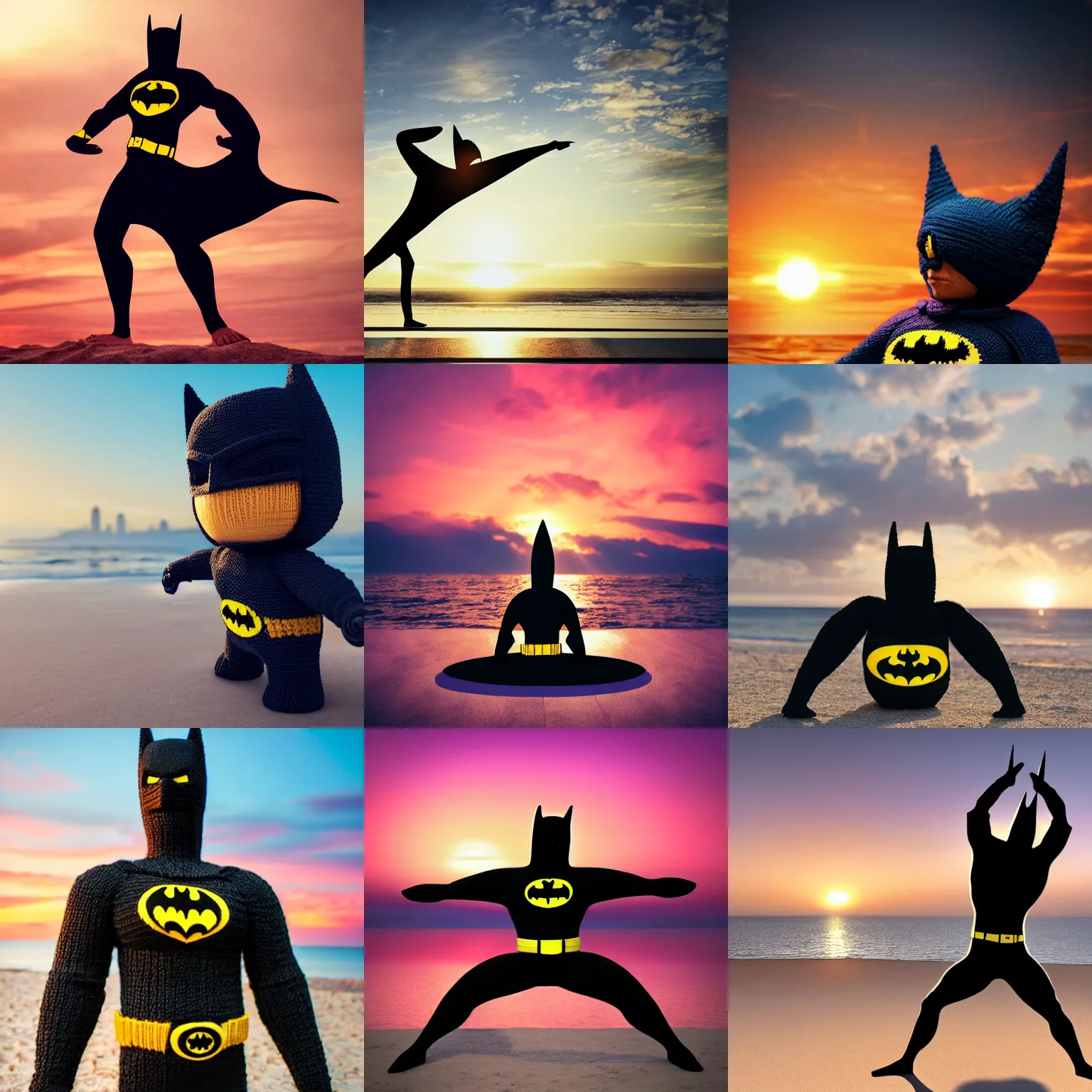 Prompt: a large knitted batman in downward dog yoga pose during sunset at the beach Trending on artstation, featured on Behance, well-rendered, Unreal Engine, 4K HD