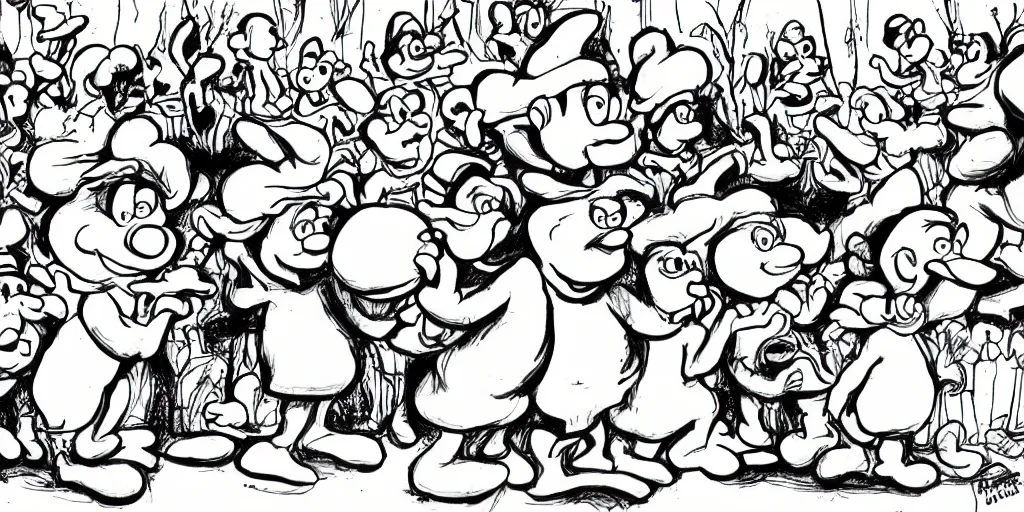 Image similar to smurfs and long whitr bones black and white, line art, pen & ink drawing