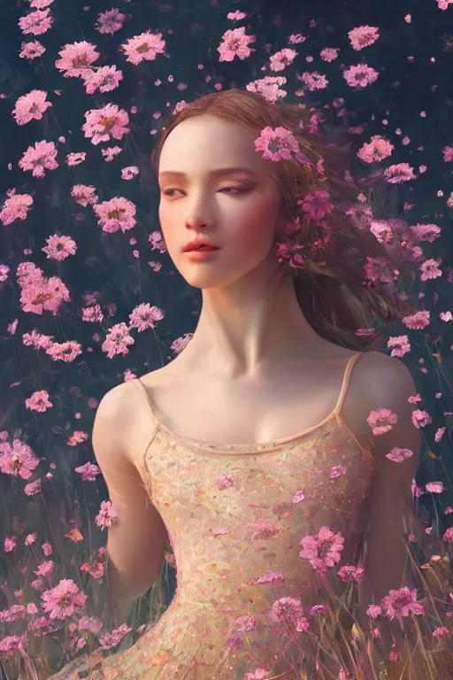 Prompt: stunningly beautiful, prima ballerina in flowery meadow, symmetrical face, golden hour, smooth, focus, highly detailed, hyper realistic, dramatic lighting, elegant, intricate, concept art, art by wlop, mars ravelo, greg rutowski, artstation