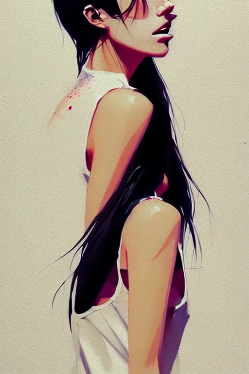 Image similar to a ultradetailed beautiful painting of a stylish woman with a white tank top, by conrad roset, greg rutkowski and makoto shinkai trending on artstation