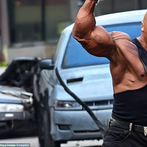 Image similar to breaking news, Dwayne the rock Johnson has become the Incredible Hulk and is bringing destruction to New York City as he smashes pavement and flips cars