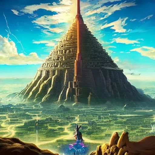 Prompt: Tower of Babel, A mighty city and a tower with its top in the heavens, Atmosphere, Dramatic lighting, Epic composition, Close up, Wide angle, Low angle, by Miyazaki, Nausicaa Ghibli, Breath of The Wild,