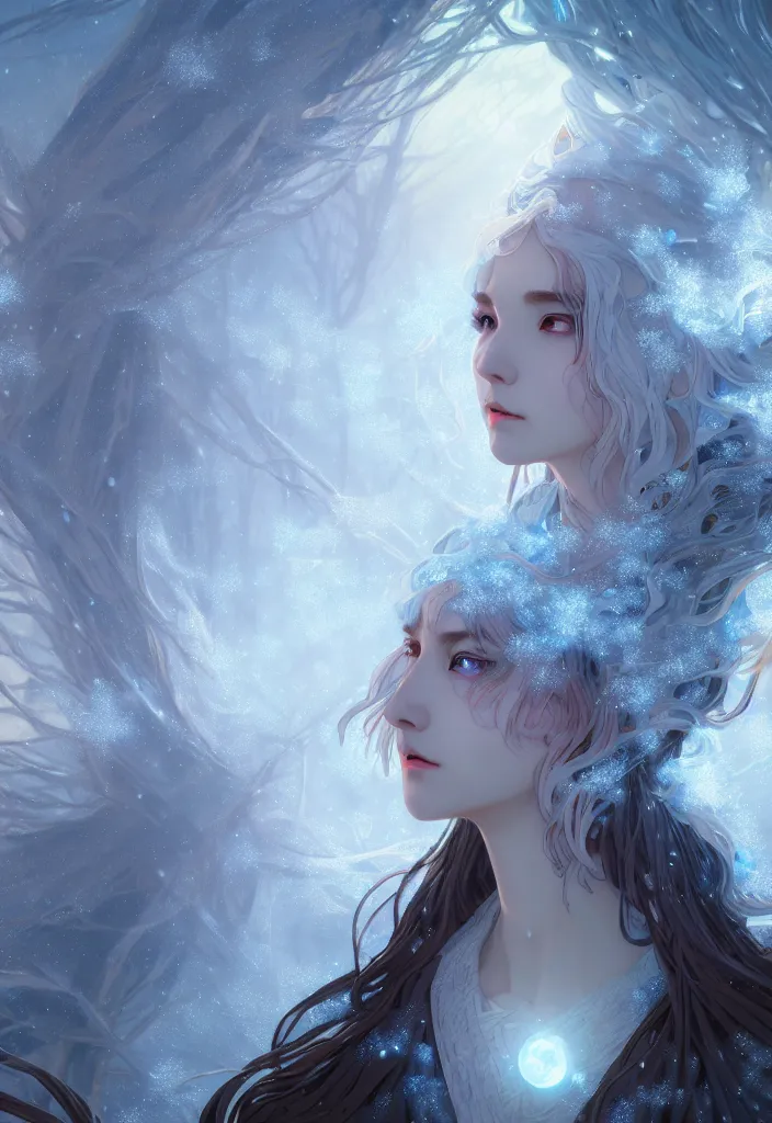 Prompt: panoramic shot of a beautiful ancient frost witch, eye fire, snow glow, snowfall, highly detailed, digital painting, artstation, sharp focus, illustration, art by tan zi and ayanamikodon and alphonse mucha and wlop