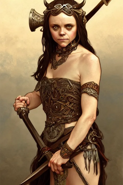 Image similar to Christina Ricci as an Viking warrior, fantasy, intricate, elegant, highly detailed, digital painting, artstation, concept art, smooth, sharp focus, illustration, art by alphonse mucha