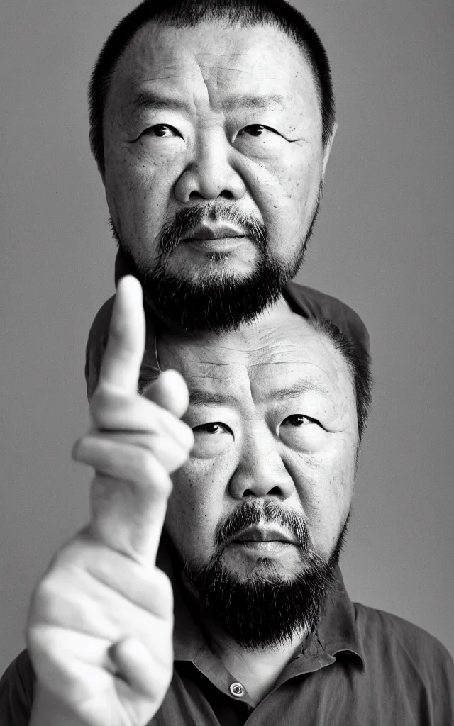 Prompt: Photography Portrait of Ai Wei wei looking angry into the camera showing his middle finger, blue soft light, 50 mm