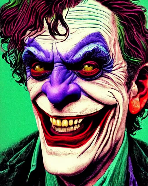 Image similar to christopher lloyd as the joker, big smile, grotesque, horror, high details, bright colors, striking, intricate details, by vincent di fate, artgerm julie bell beeple, 1 9 8 0 s, inking, vintage 8 0 s print, screen print