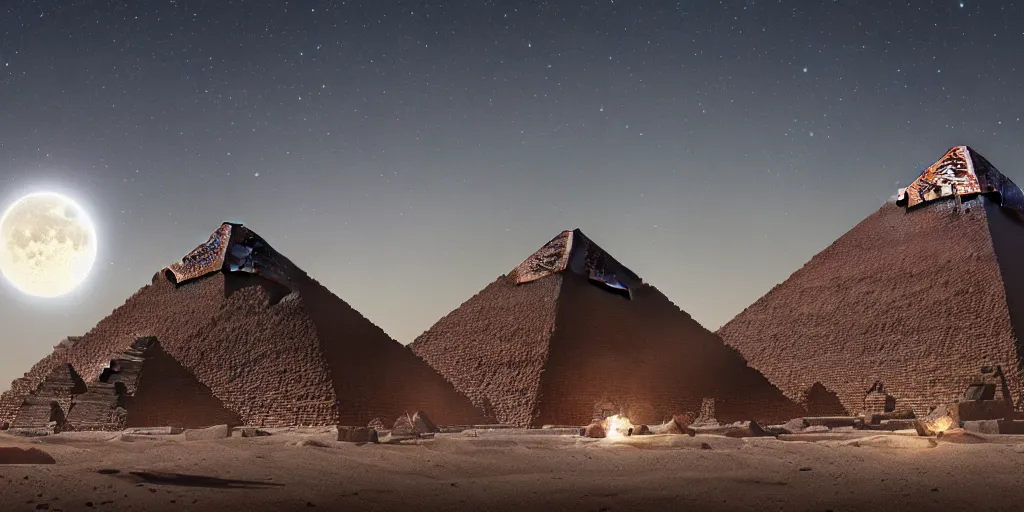 Image similar to meteorite impact the pyramids, greg rutkowski, 8 k, shallow depth of field, full moon, ultra high detail, concept art,