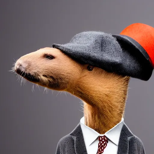 Image similar to smoking cigar, a man wearing a suit capybara head wearing a hat (smoking cigar)