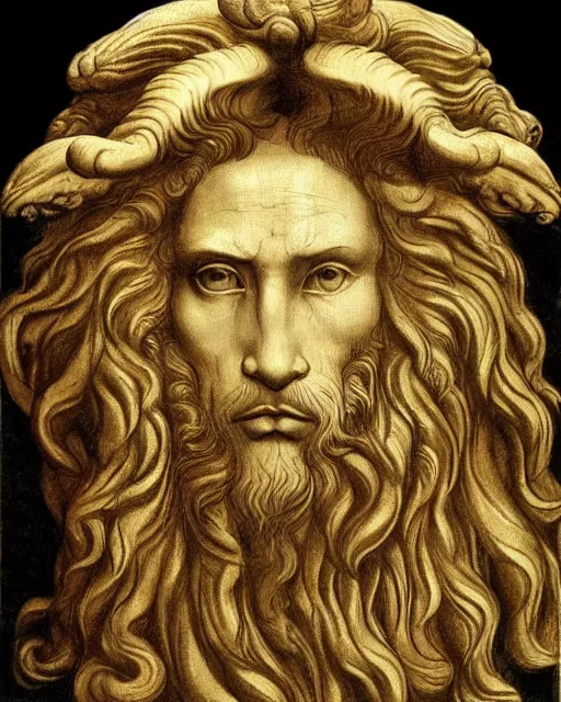 Prompt: four faces in one creature, human face, eagle beak, lion mane, two large horns on the head, drawn by da vinci. symmetrical