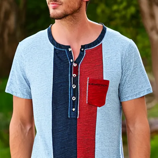 Image similar to men's henley tshirt, patchwork, bold colors