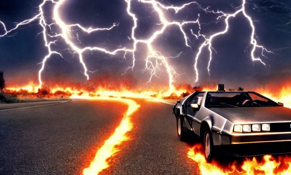 Image similar to scene from back to the future, delorean driving fast, lightning, fire, driving through portal