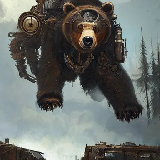 Prompt: a steampunk cyborg grizzly bear ravaging my neighborhood, painting by Greg Rutkowski