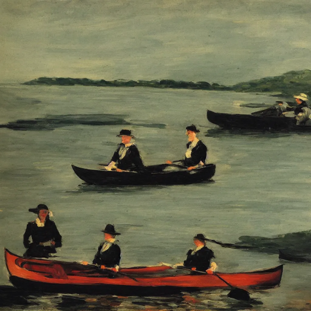 Prompt: a beautiful woman sitting in canoe on the hudson river, oil painting, style of george bellows