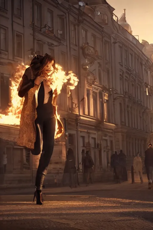 Image similar to in the foreground a street in Saint Petersburg, in the background a blonde woman from the back completely on fire wearing a long matrix-style jacket, realistic, high definition, many details, dramatic scene, detailed and realistic hands, symmetrical face, realistic eyes , art of unreal engine 5