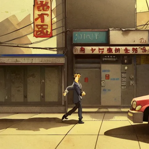 Image similar to incredible wide screenshot, ultrawide, simple watercolor, rough paper texture, ghost in the shell movie scene, back-lit distant shot of phoenix running from a puppet master in tuxedo side view, yellow parasol in deserted dusty shinjuku junk town, broken vending machines, bold graphic graffiti, old pawn shop, bright sun bleached ground, mud, fog, dust, windy, scary robot monster lurks in the background, ghost mask, teeth, animatronic, black smoke, pale beige sky, junk tv, texture, brown mud, dust, tangled overhead wires, telephone pole, dusty, dry, pencil marks, genius party,shinjuku, koji morimoto, katsuya terada, masamune shirow, tatsuyuki tanaka hd, 4k, remaster, dynamic camera angle, deep 3 point perspective, fish eye, dynamic scene