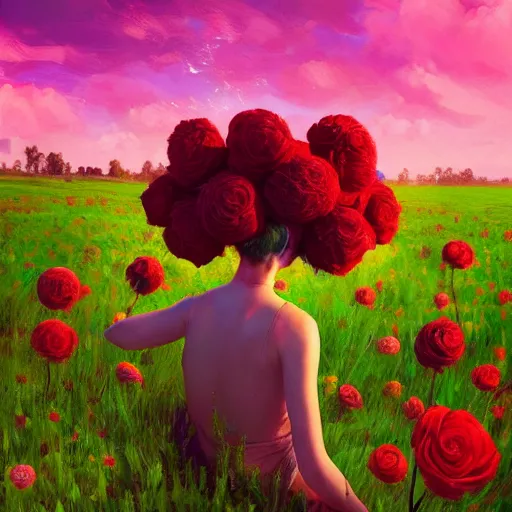 Image similar to giant rose flower head, full body girl sitting in a flower field, surreal photography, sunrise, dramatic light, impressionist painting, colorful clouds, digital painting, artstation, simon stalenhag