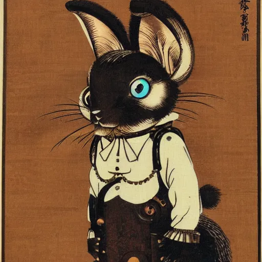 Image similar to steampunk animatronic in the shape of a rabbit, japanese painting