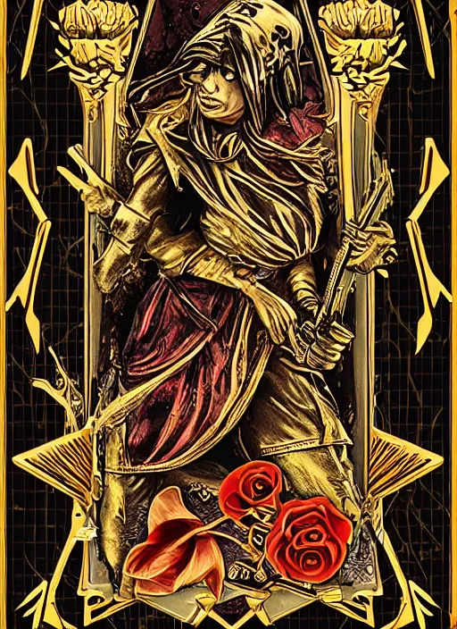 Image similar to tarot card :: horror :: killer gun :: blood and roses :: gold and silver carvings :: metallic :: by Yurtsev and Darkchylde