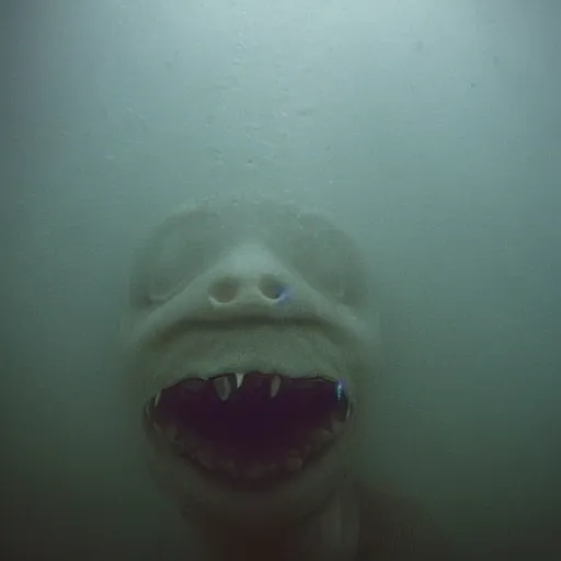 Image similar to sea monster about to eat pov underwater, visceral, unholy abomination, half submerged below eyes, pale skin, dark yellowish water, foggy water, misty, dark, dramatic,'silent hill ', big eyes, terrifying, horrific, cinematic