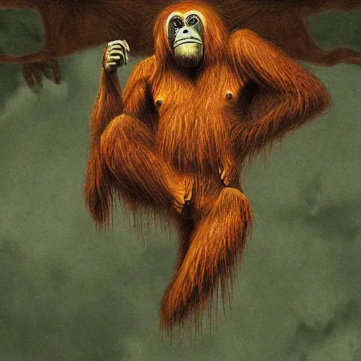 Image similar to orangutan descending from heaven, in the style of deathspell omega's fas album cover, illustration, detailed