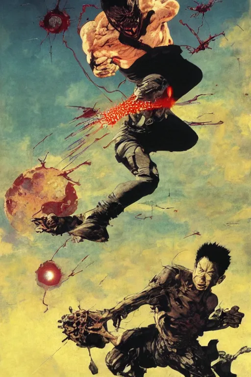 Prompt: full page detailed color illustration of tetsuo being hit by an orbital laser beam from the sky, by Katsuhiro Otomo, ilya repin, frank frazetta, 8k, hd, high resolution print