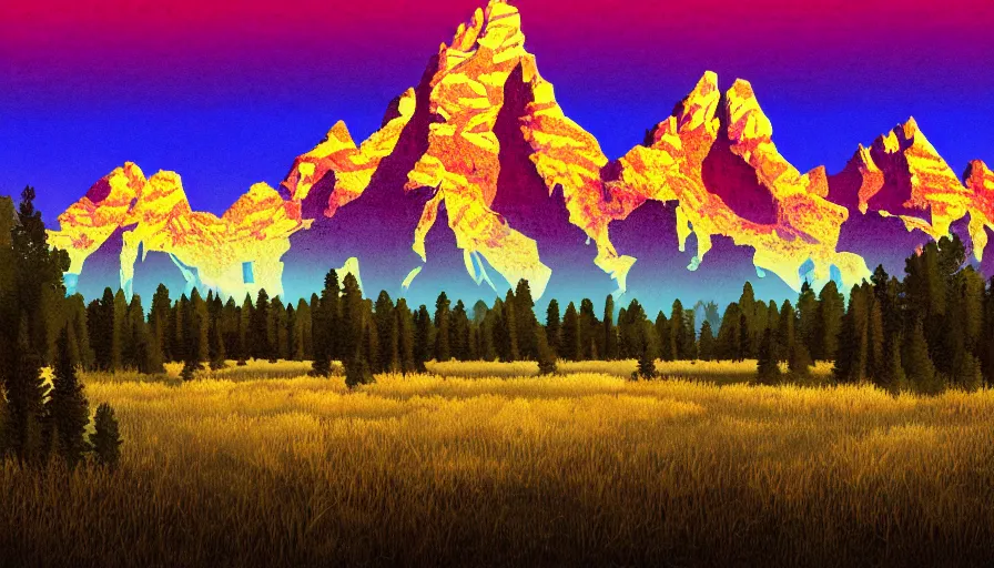 Prompt: a retrowave style artwork of grand teton national park, a land of the dead, divine, hazy, volumetric lighting, spacetime bending, very detailed, serene, gold accents, washed out colors, beautiful artwork, master level composition, raytracing