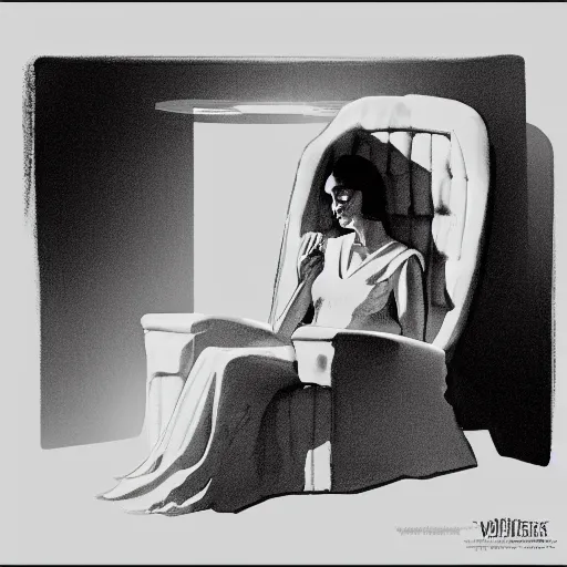 Image similar to a woman in a white dress sitting in a chair, concept art by john carpenter, volumetric lighting, hypermodernism, criterion collection