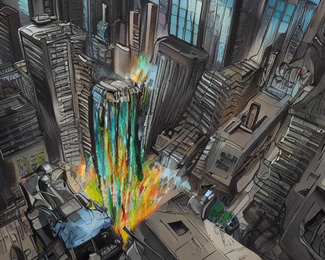 Image similar to A large imposing robot with a paintbrush destroying a city, looking down at the people below, low angle, digital art