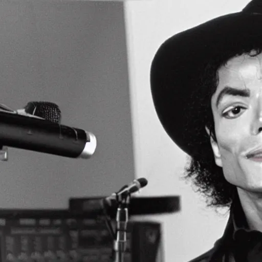 Image similar to Michael Jackson with 62 years old recording in a hidden music studio, taken in 2021