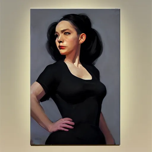 Image similar to greg manchess portrait painting of abigail shapiro in a black dress as overwatch character, medium shot, asymmetrical, profile picture, organic painting, sunny day, matte painting, bold shapes, hard edges, street art, trending on artstation, by huang guangjian and gil elvgren and sachin teng