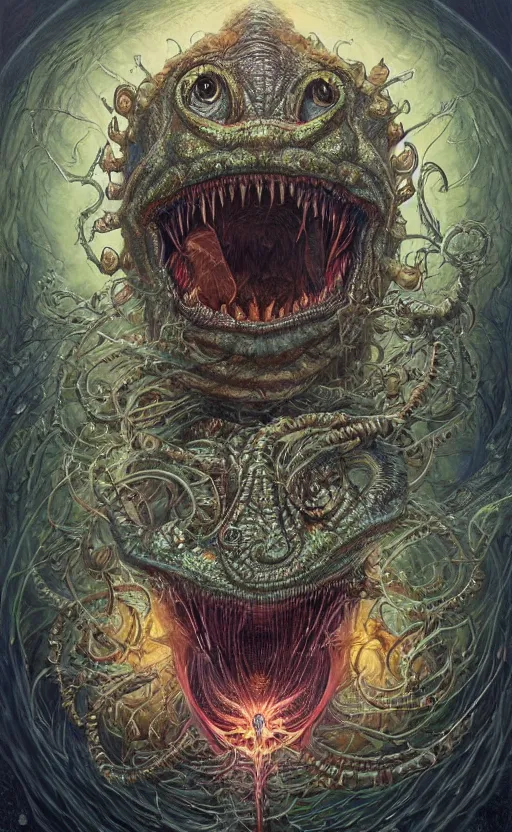 Prompt: angler fish glowing reptile eyes, shamanic poster lsd art, intricate, elegant, highly detailed, centered, digital painting, artstation, concept art, smooth, sharp focus, illustration, artgerm, tomasz alen kopera, peter mohrbacher, donato giancola, joseph christian leyendecker, wlop, frank frazetta