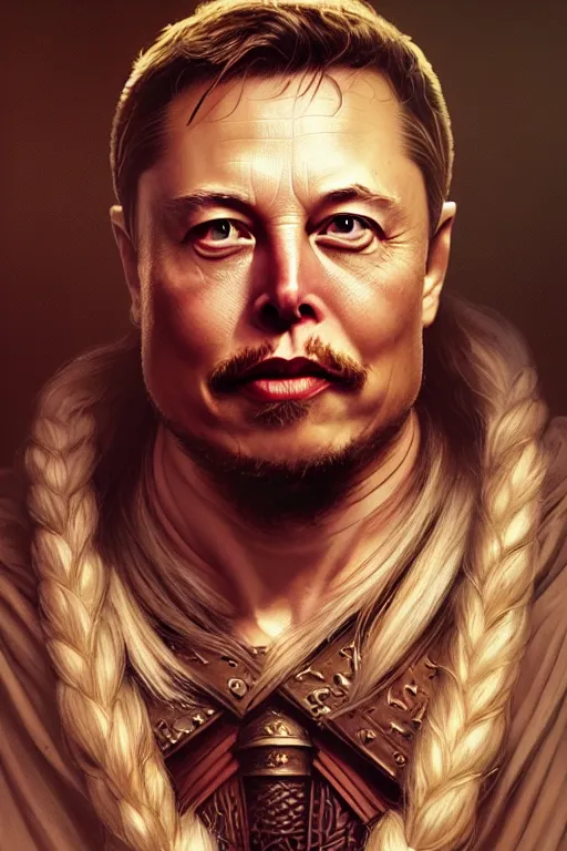 Prompt: elon musk as viking, portrait, face tattooed, highly detailed, digital painting, artstation, concept art, smooth, sharp focus, illustration, cinematic lighting, art by artgerm and greg rutkowski and alphonse mucha