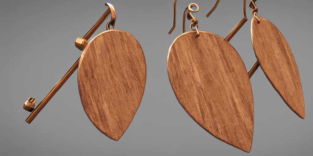 Image similar to earring design, jewelry design, wood, art deco, elegant, nordic, material, product design, trending on artstation, cgsociety, photo realistic, design by ziva cph and isabel lennse, 8 k, unreal engine, c 4 d