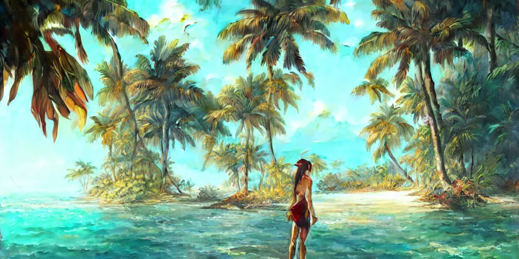 Image similar to Tropical paradise, digital painting, art by greg rutkowski, artgerm