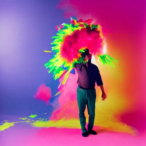 Prompt: a human exploding with color, studio medium format photograph