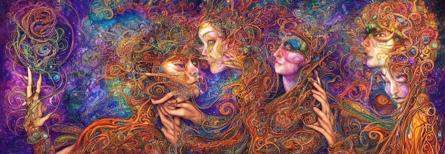 Image similar to two psychedelic shamans intertwined in a cosmic entanglement by Josephine Wall and Daniel Merriam, Artstation