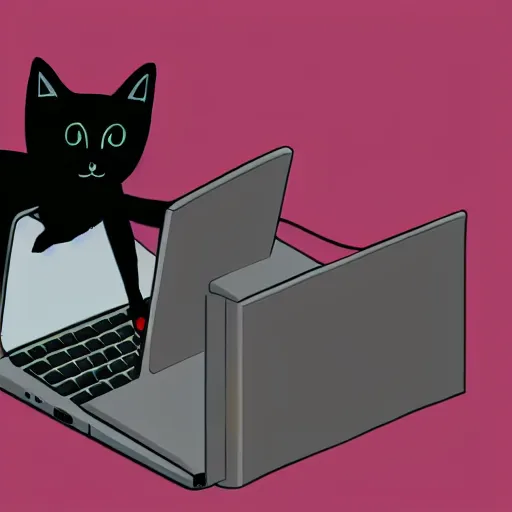 Image similar to a black cat programming in a computer. cartoon. high quality. high fidelity. unsplash. devianart.