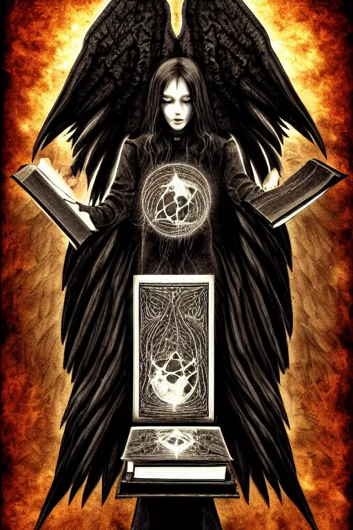 Image similar to dlsr photo illustration of summoned dark angel holding a book of necronomicon, symmetrical, cinematic, sharp focus, 4 k, ultra hd, sense of awe, sinister demonic atmosphere, dreadful, forbidden knowledge, old gods. demonology journal cover