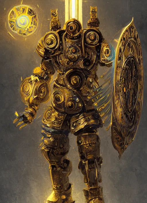 Prompt: full body, attack position abstract painting of a intricate ornate holy mechanical warforged with circular glowing eye, character in yellow armor holding a legendary paladin engraved holy great longsword and carrying a huge heavy paladin shield, vertically flat head, face in focus, epic , trending on ArtStation, masterpiece, cinematic lighting, by Ross Tran and by Greg Rutkowski