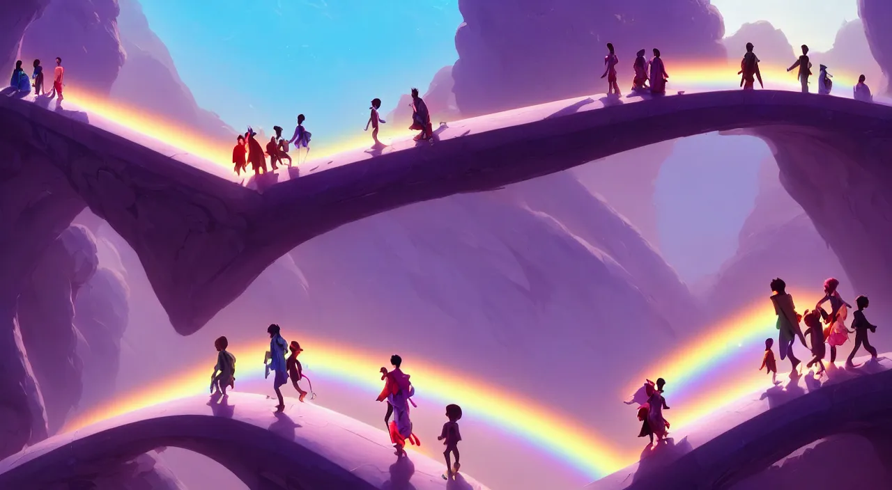 Image similar to incredible, mindblowing, refugees crossing a beautiful bridge made of rainbow hardlight, in marble incrusted of legends official fanart behance hd by jesper ejsing, by rhads, makoto shinkai and lois van baarle, ilya kuvshinov, rossdraws global illumination